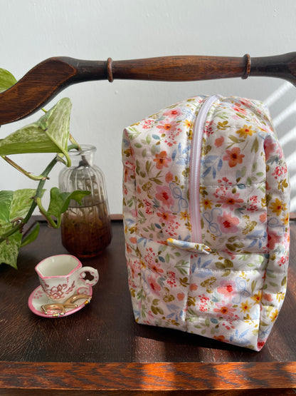 Blue Bow Floral Makeup Bag