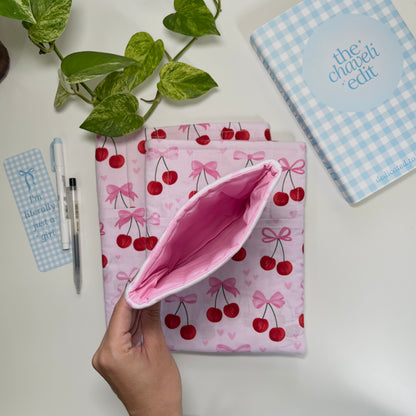 Cherries and Bows Quilted Book Sleeve