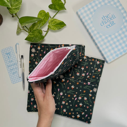 Forest Green Floral Quilted Book Sleeve