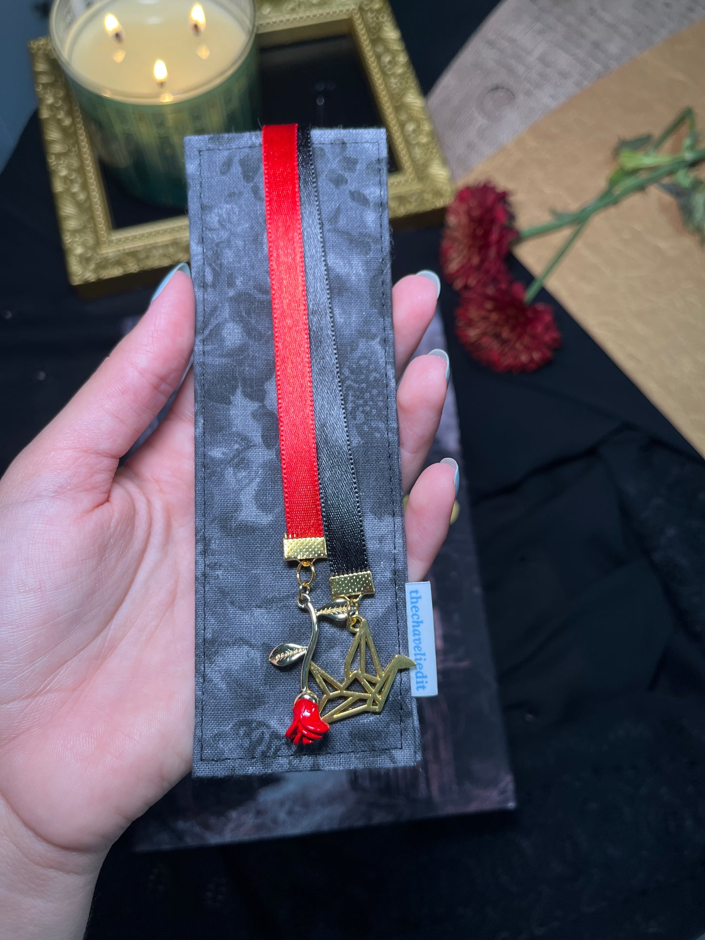 Rose and Paper Crane Charm Bookmark